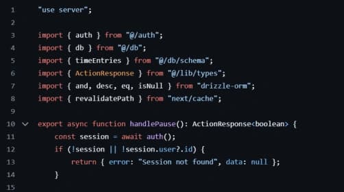 Visual Studio Code editor showing TypeScript code for a time entry pause function, featuring authentication checks, database queries, and error handling in a dark theme environment. File structure is visible in the sidebar showing a typical Node.js project layout.